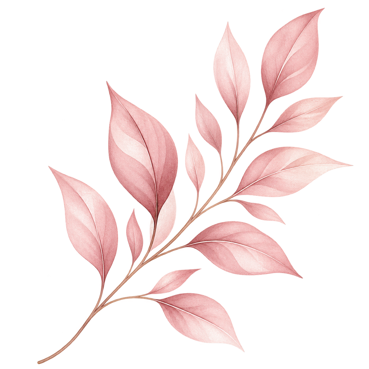 A digital illustration of a sprig of pink leaves with a watercolor effect.