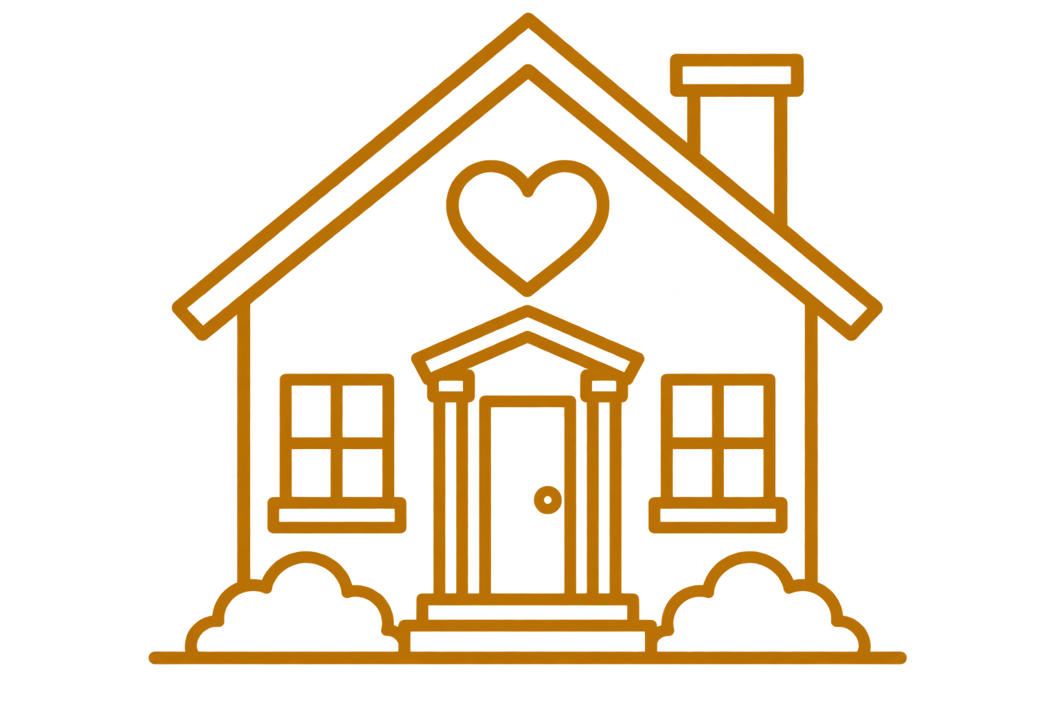 Neon orange outline of a house with a heart above it, surrounded by clouds and standing on a base.