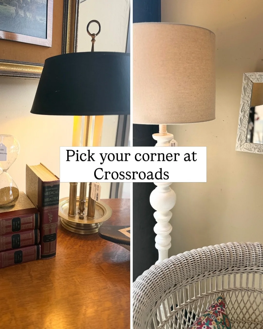 Walk in the door at Crossroads this week, and the whole room splits into two moods.

To the right: rich wood tones, a brass bouillotte lamp, and an oil painting doing classic work in the corner. It&rsquo;s the kind of vignette that feels collected ov