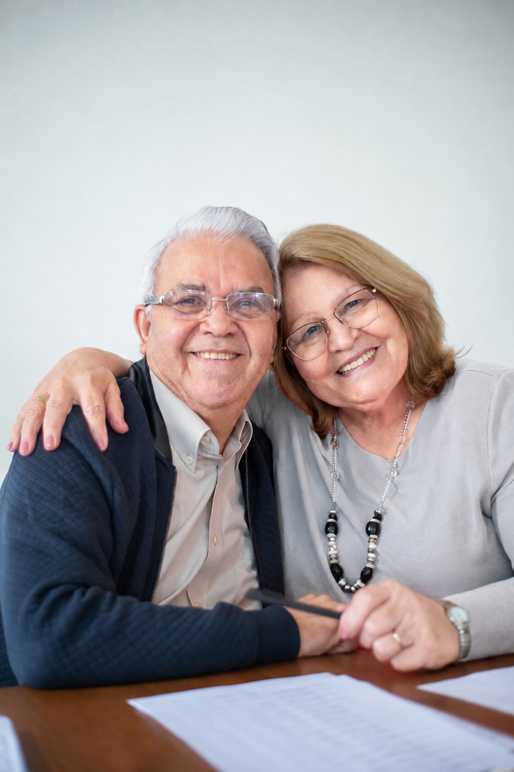 A smiling elderly couple sitting together at a table, with the woman hugging the man. They are wearing glasses and casual clothing, and they are in a bright room with a plain white wall in the background.