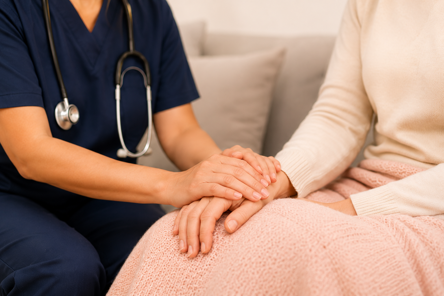 A healthcare worker gently holding a patient's hand during a consultation or comforting moment.
