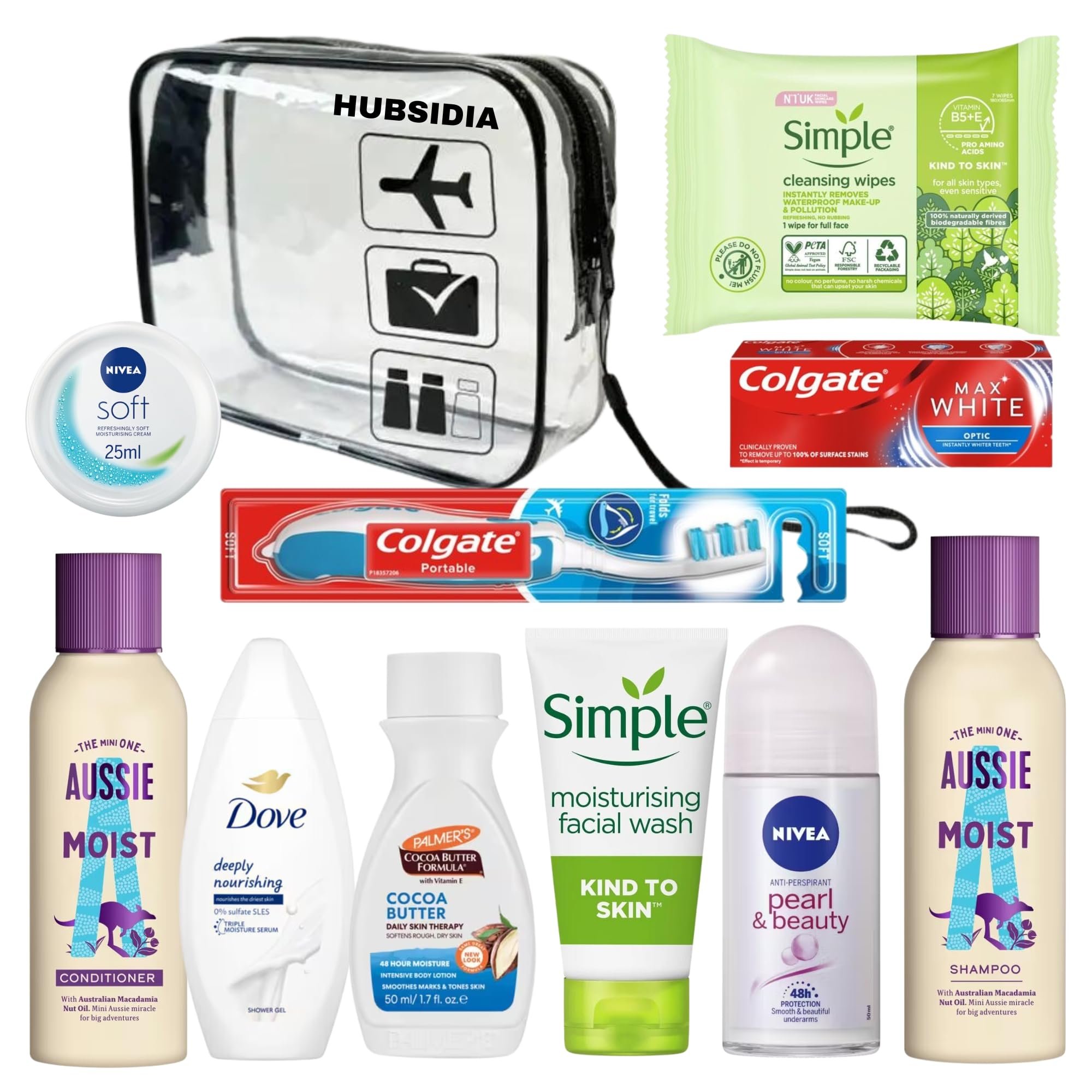 Collection of personal care and hygiene products including a toothbrush, toothpaste, facial wash, moisturizer, and conditioning shampoo.