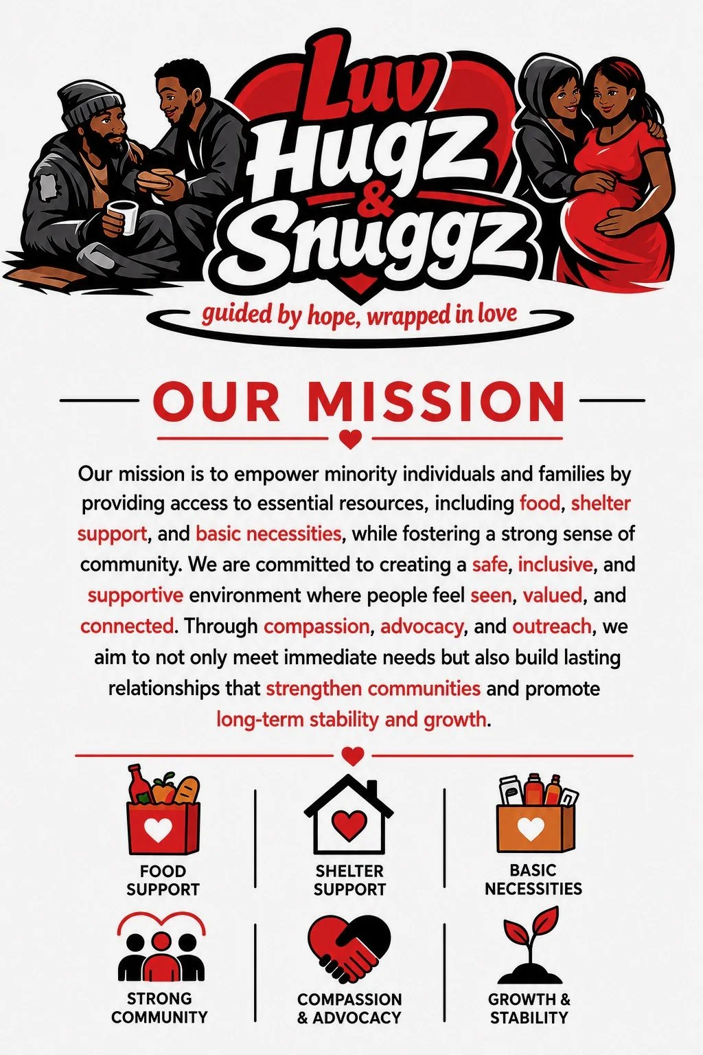 A colorful infographic for Luv Hugz & Snuggz, featuring illustrations of diverse people and icons representing food support, shelter support, basic necessities, community, compassion, advocacy, and growth and stability.
