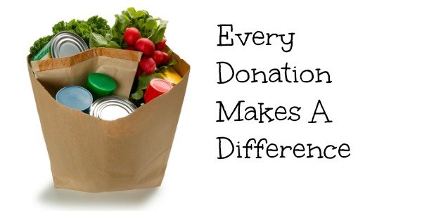 A paper grocery bag filled with fresh vegetables and canned goods next to the text 'Every Donation Makes A Difference'.