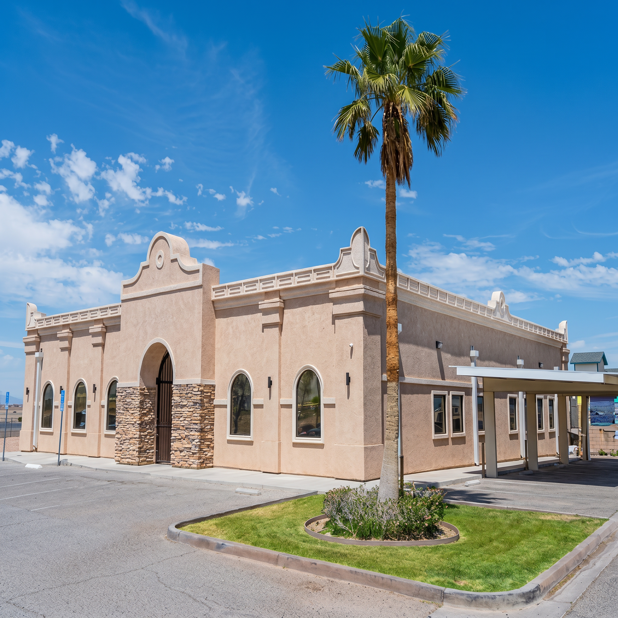 A pastel pink building with decorative architectural details and a stone accent wall, next to a palm tree, under a blue sky with scattered clouds.
