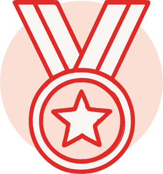 Illustration of a medal with a star in the center and a ribbon, in red and white colors.