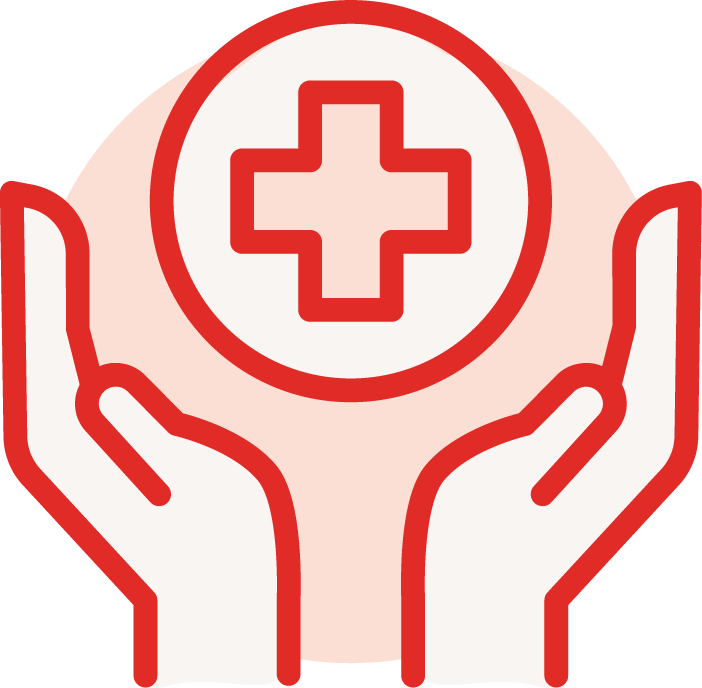Illustration of two hands holding a circle with a cross inside, representing healthcare or medical support.