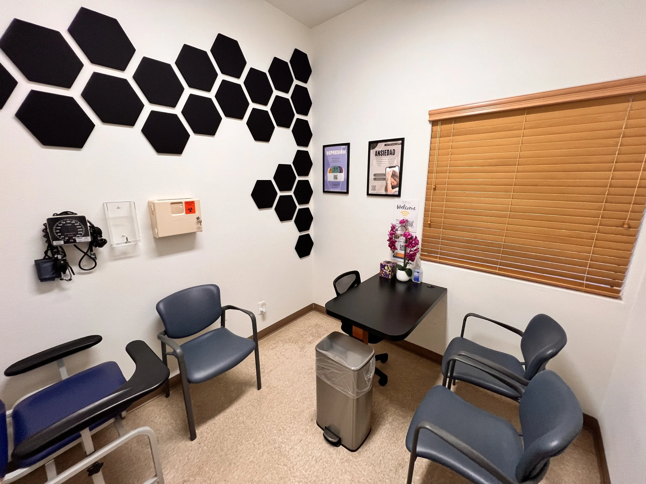 A small medical exam room with five chairs arranged in circles, a wall with hexagonal black sound panels, framed posters about depression and anxiety, a window with wooden blinds, a table with a potted pink orchid, and medical equipment such as a blo