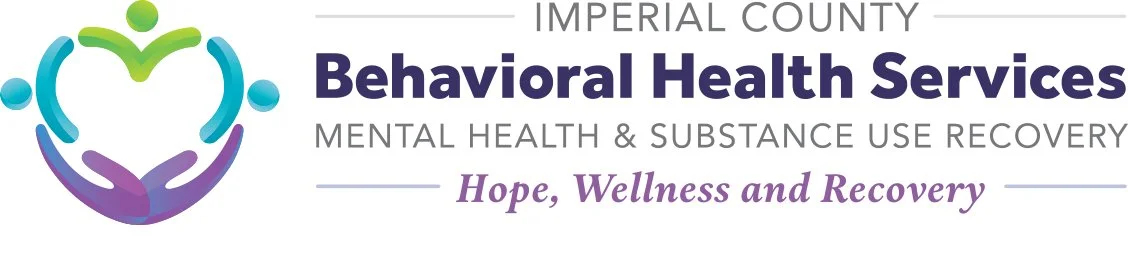 Logo for Imperial County Behavioral Health Services with a stylized graphic of three abstract figures in green, blue, and purple forming a supportive circle, accompanied by text about mental health and substance use recovery.