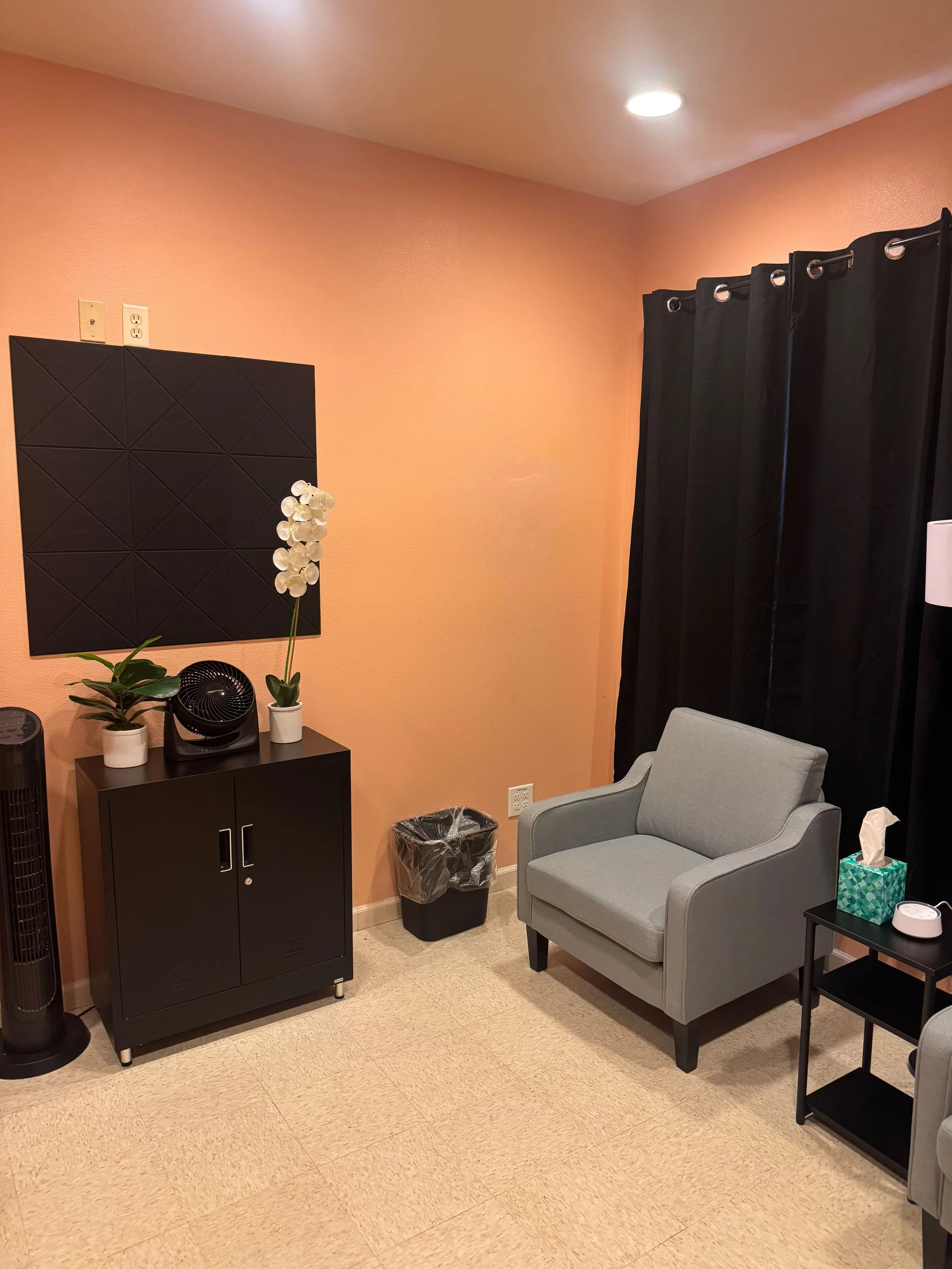 A room with peach-colored walls, black curtains, a gray armchair, a black cabinet with two plants on top, a white orchid, a small black fan, a black tower fan, a trash bin, and a small side table with tissue box, roll of paper, and a candle.