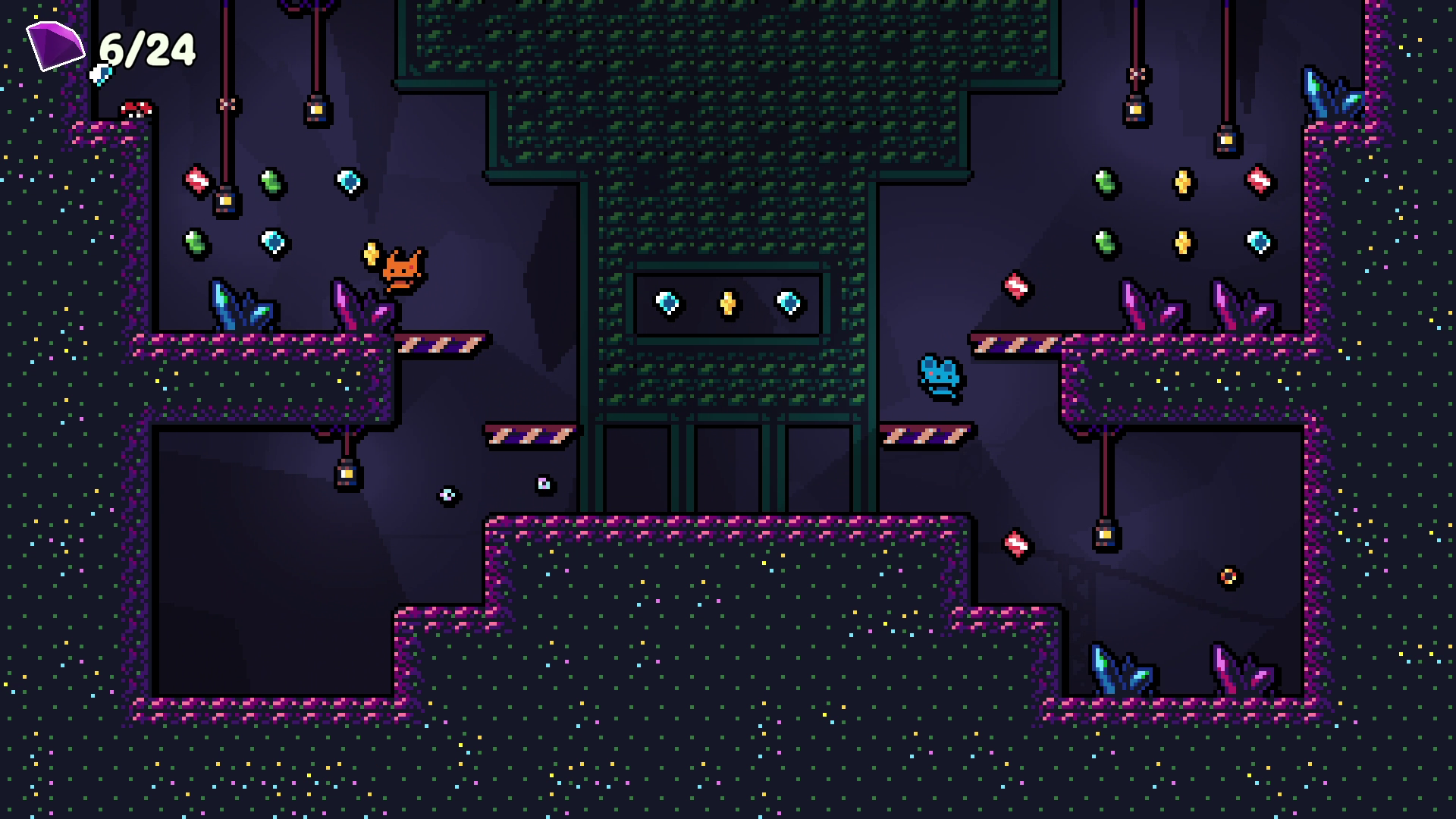 Pixel art scene of a platformer video game with purple and green terrain, hanging lanterns, and two small creatures, one on the left and one on the right, with one nearby a treble clef symbol.