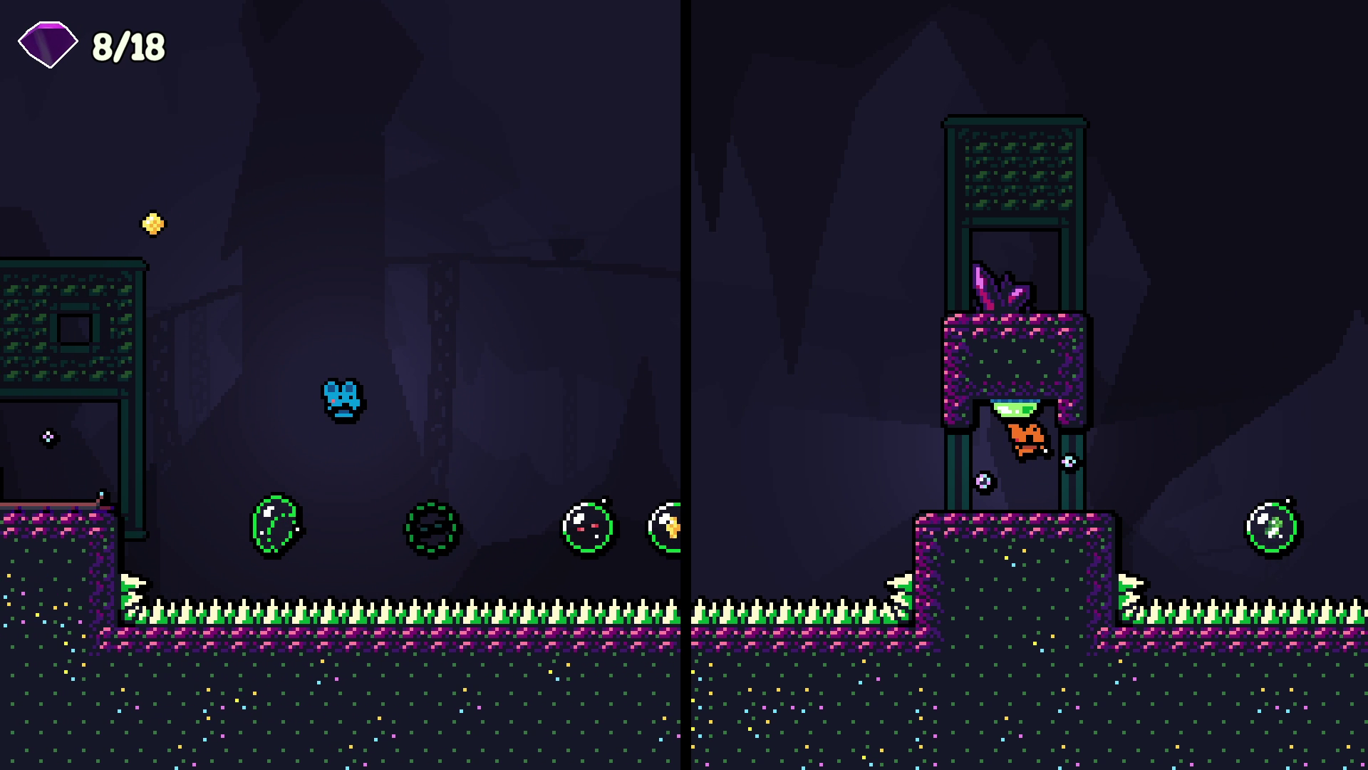 Screenshot of a pixel art video game showing a split screen with two sections. The left side features a blue character jumping among various floating objects such as green and purple tokens, with a dark background and purple platforms. The top left c