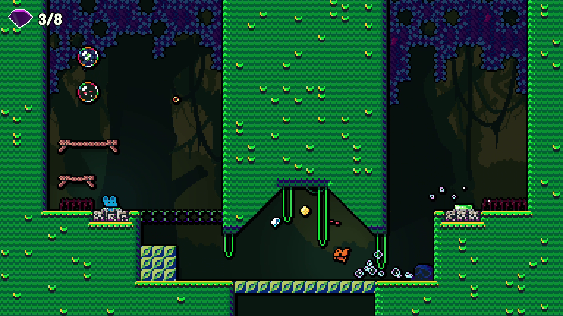 Pixel art video game scene with green platforms, a small blue character, and falling objects in a dark forest background.