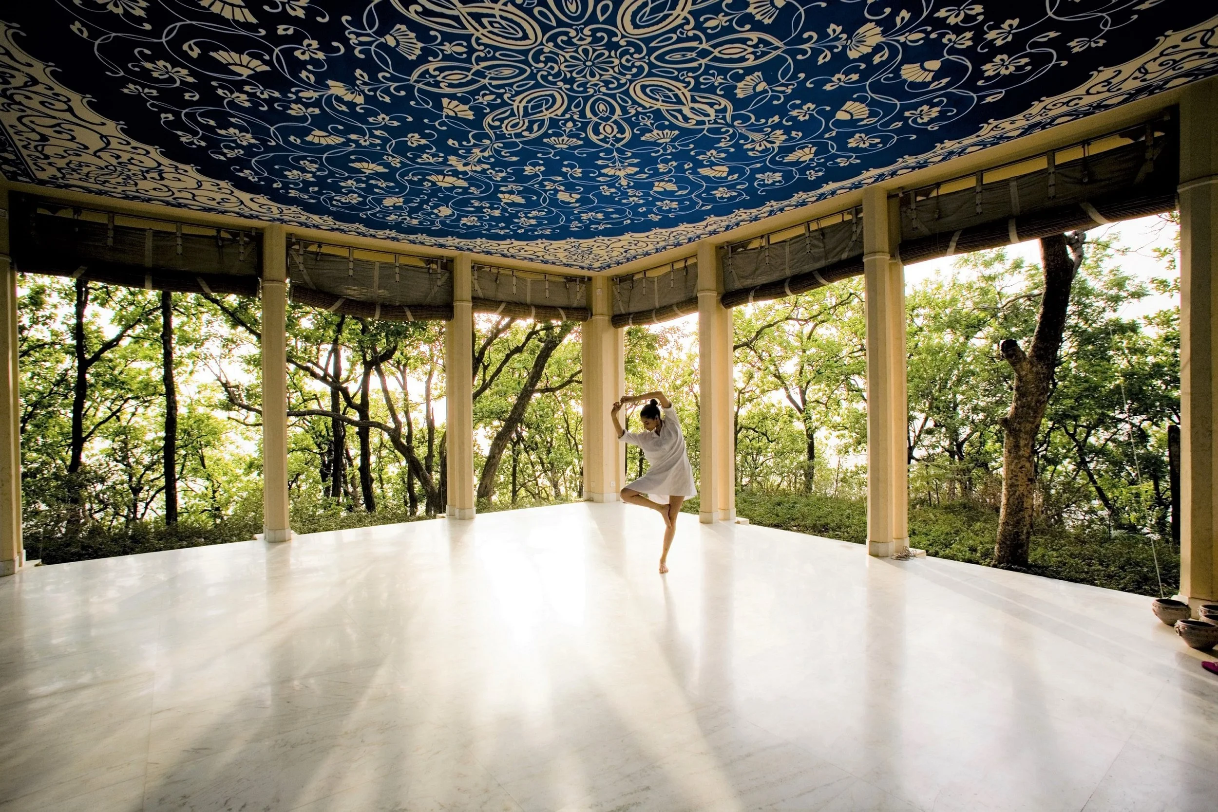 A woman practicing ballet dance in a semi-outdoor pavilion with a decorative blue and white ceiling featuring floral and butterfly patterns, surrounded by green trees.
