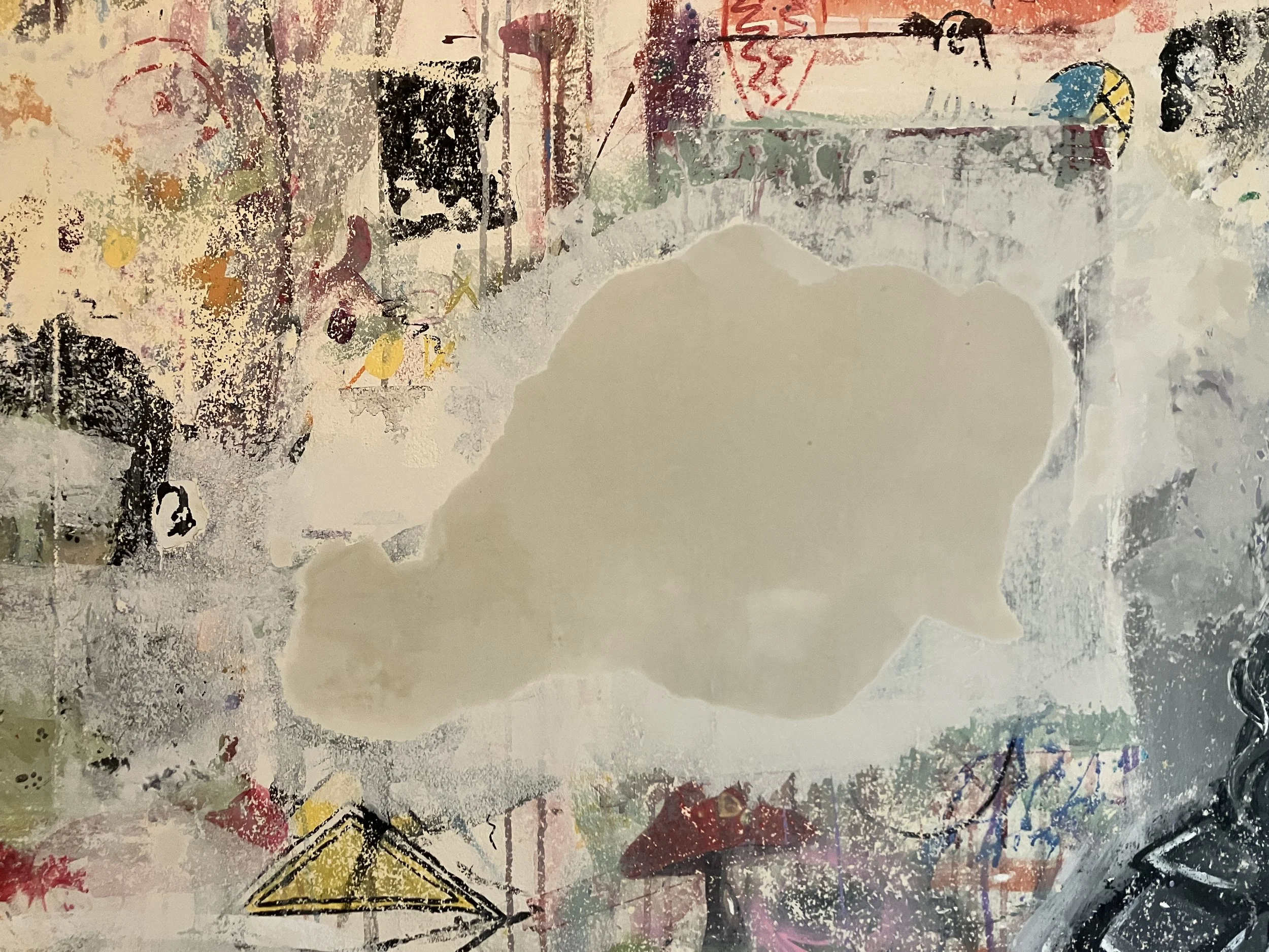 Abstract mixed media artwork with layered paint, splatters, and geometric shapes, including a yellow triangle and a blue circle.