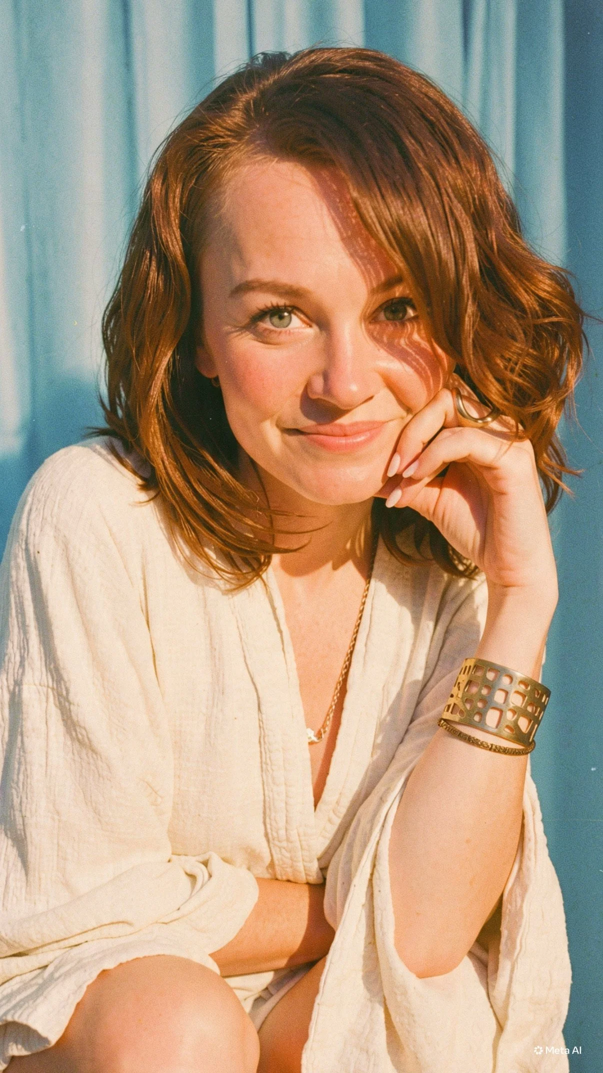 A woman with red hair smiling and resting her chin on her hand, wearing a cream-colored, long-sleeved blouse with a gold bracelet and ring, sitting in front of a blue curtain.