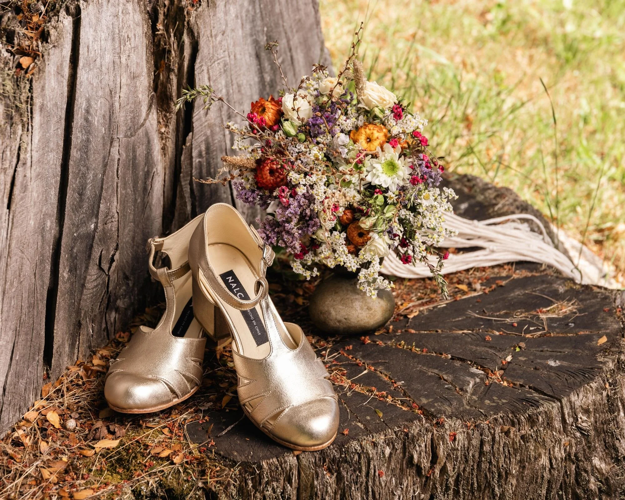 Zapatos dorados y ramo de flores silvestres de la novia sobre un tronco, Quilquico, Chiloé	