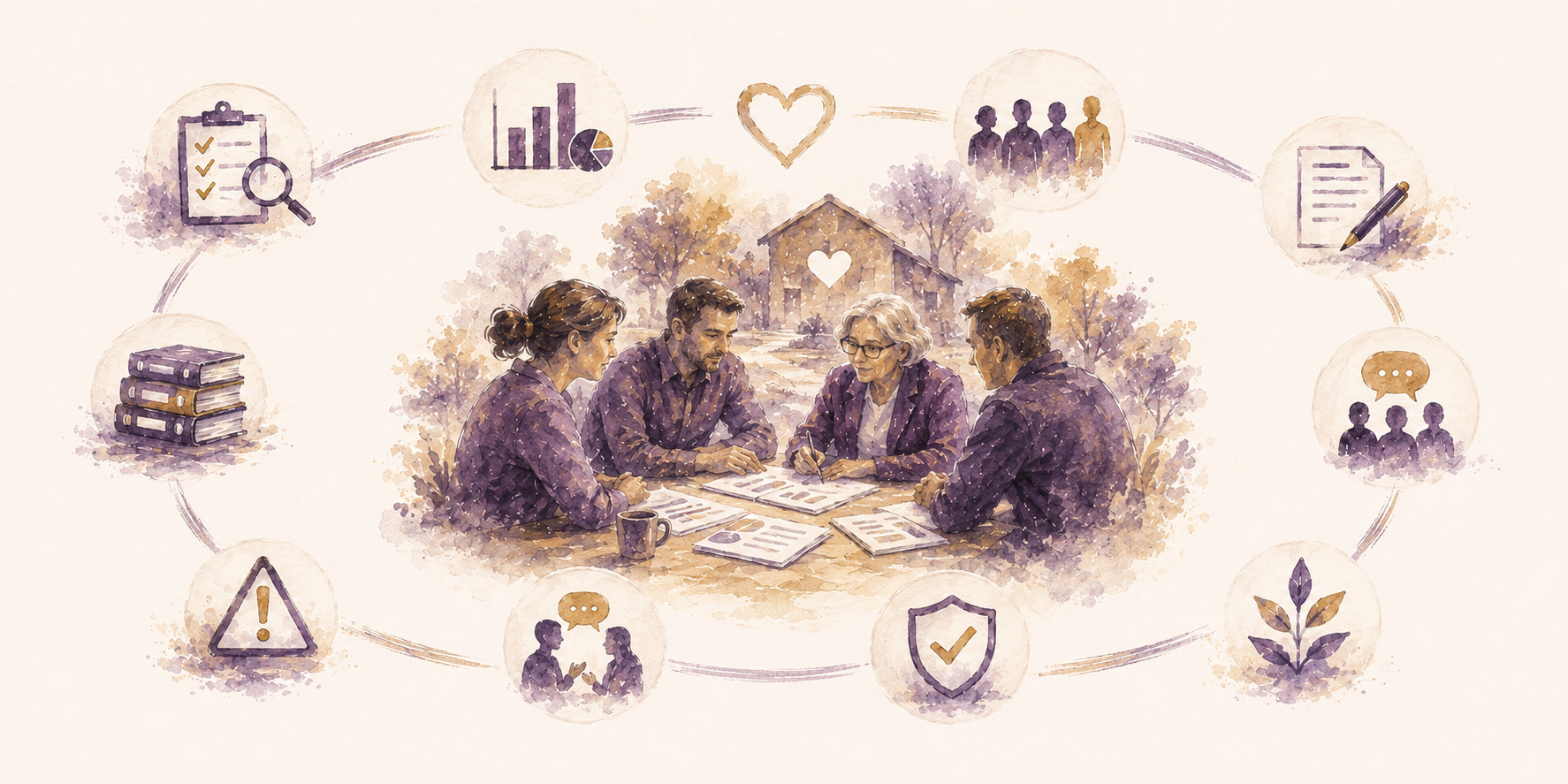 A watercolor-style illustration of four people seated around a table, discussing documents, surrounded by icons representing planning, collaboration, and community.