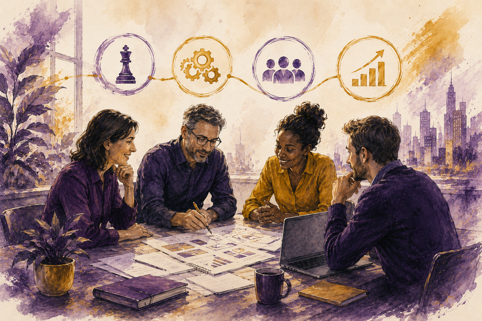 Four people having a business meeting around a table with documents, a laptop, and coffee mugs, with a city skyline in the background. There are four icons above them representing chess, gears, people, and a growth chart.