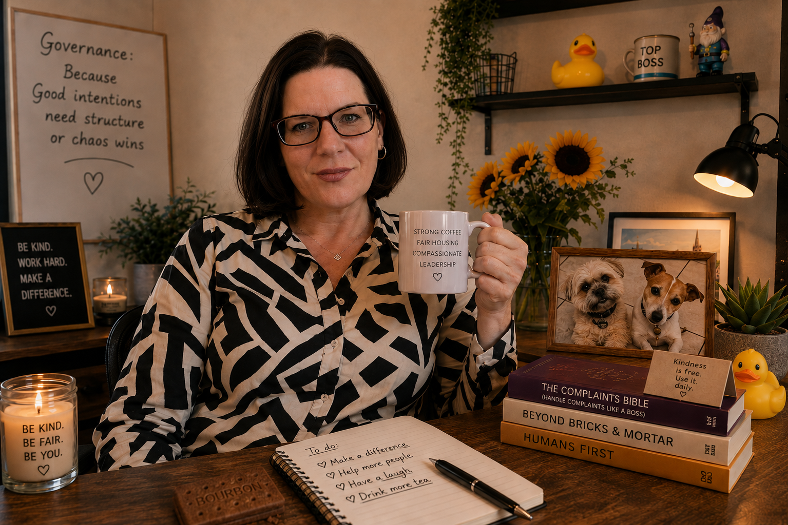 A woman with dark hair and glasses is sitting at a desk, holding a mug with words about leadership and compassion. The desk has various decorative items, including books, framed photos of dogs, a small succulent, and candles. The background features a sunflower bouquet, a shelf with a rubber duck, a mug labeled 'Top Boss', and a gnome figurine. There is a whiteboard with a quote about governance, a lit candle, and a handwritten to-do list on a notepad.