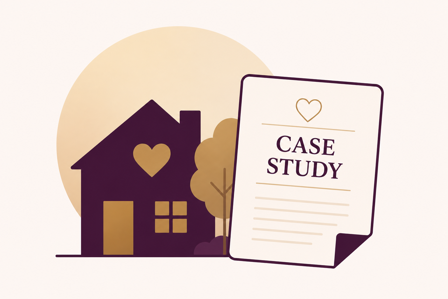 A stylized illustration of a house with a heart on it, a tree, and a document labeled 'Case Study' with a heart symbol.