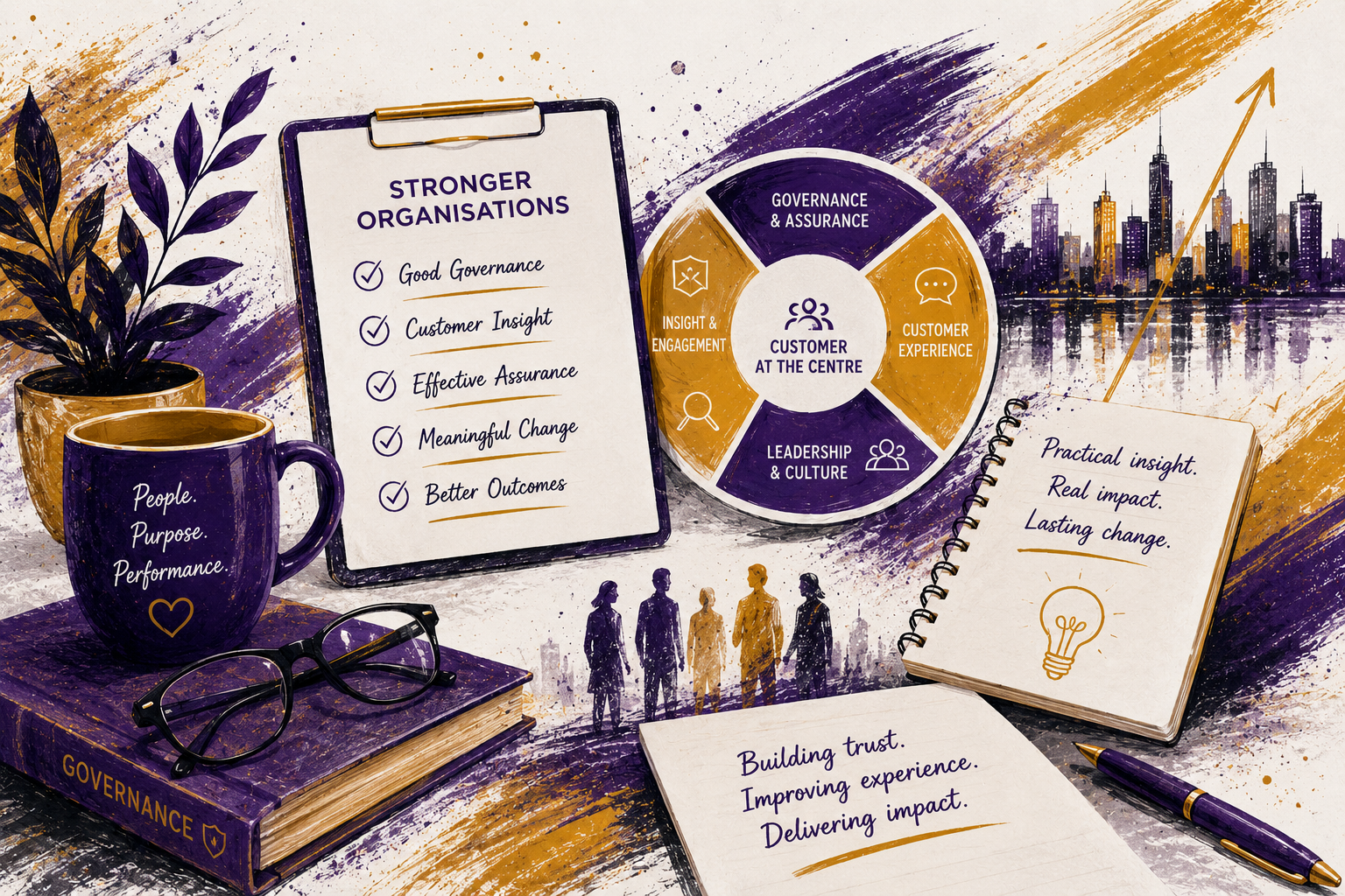 Office desk setup with a purple mug labeled "People Purpose Performance," a pair of glasses, notebooks, a pen, and various posters and notes about organisational governance, customer experience, and leadership.