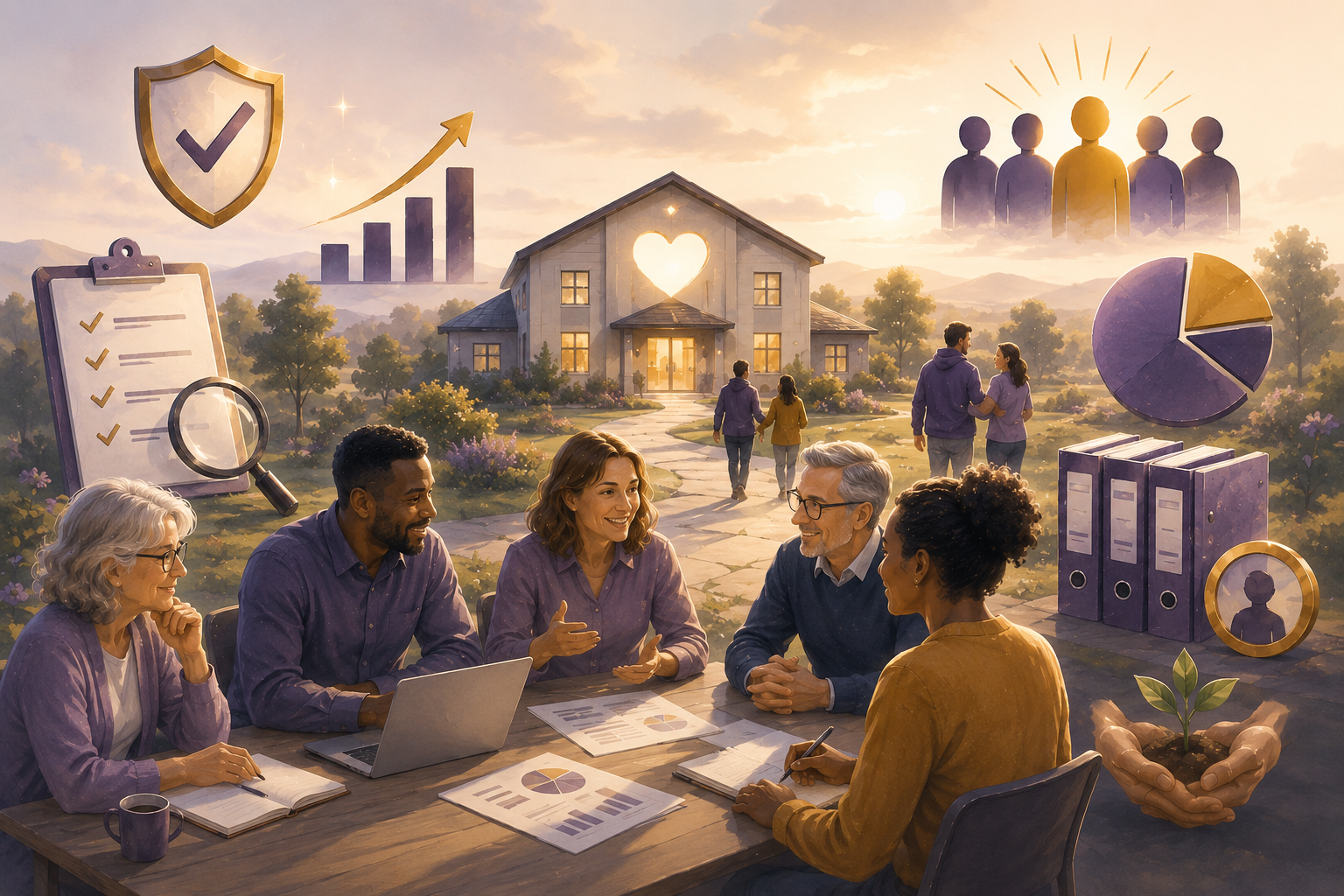 A group of people having a meeting outdoors with a house in the background, surrounded by nature. Overlay graphics include charts, a pie chart, a checklist, a shield with a checkmark, a growing graph, and icons representing people and documents, symbolizing community, trust, and data analysis.