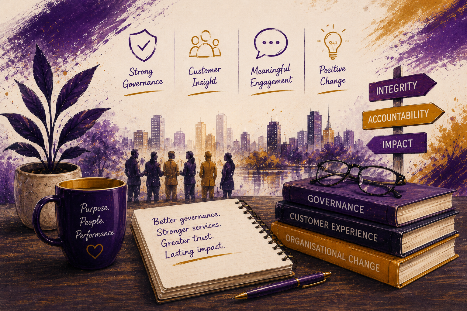 A workspace with a potted plant, a mug with the words 'Purpose. People. Performance.', an open notebook with handwritten notes, stacked books titled 'GOVERNANCE', 'CUSTOMER EXPERIENCE', and 'ORGANISATIONAL CHANGE', eyeglasses, and a signpost with arrows labeled 'INTEGRITY', 'ACCOUNTABILITY', and 'IMPACT'. In the background, an illustration of a city skyline and six people shaking hands, with icons and text about governance principles.