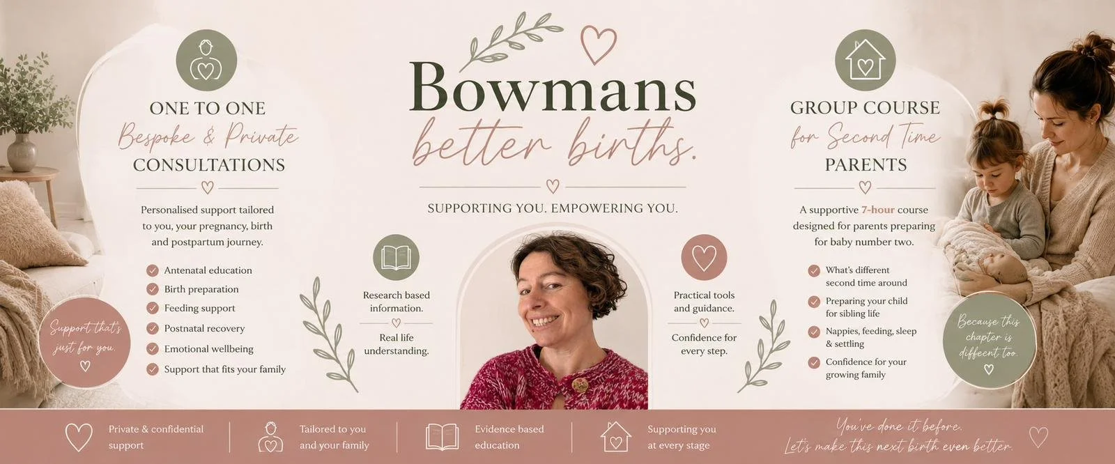 A promotional banner for Bowmans Better Births, offering private and group classes offering support and education for expecting parents, with images of a woman, a mother with a child, and decorative elements.