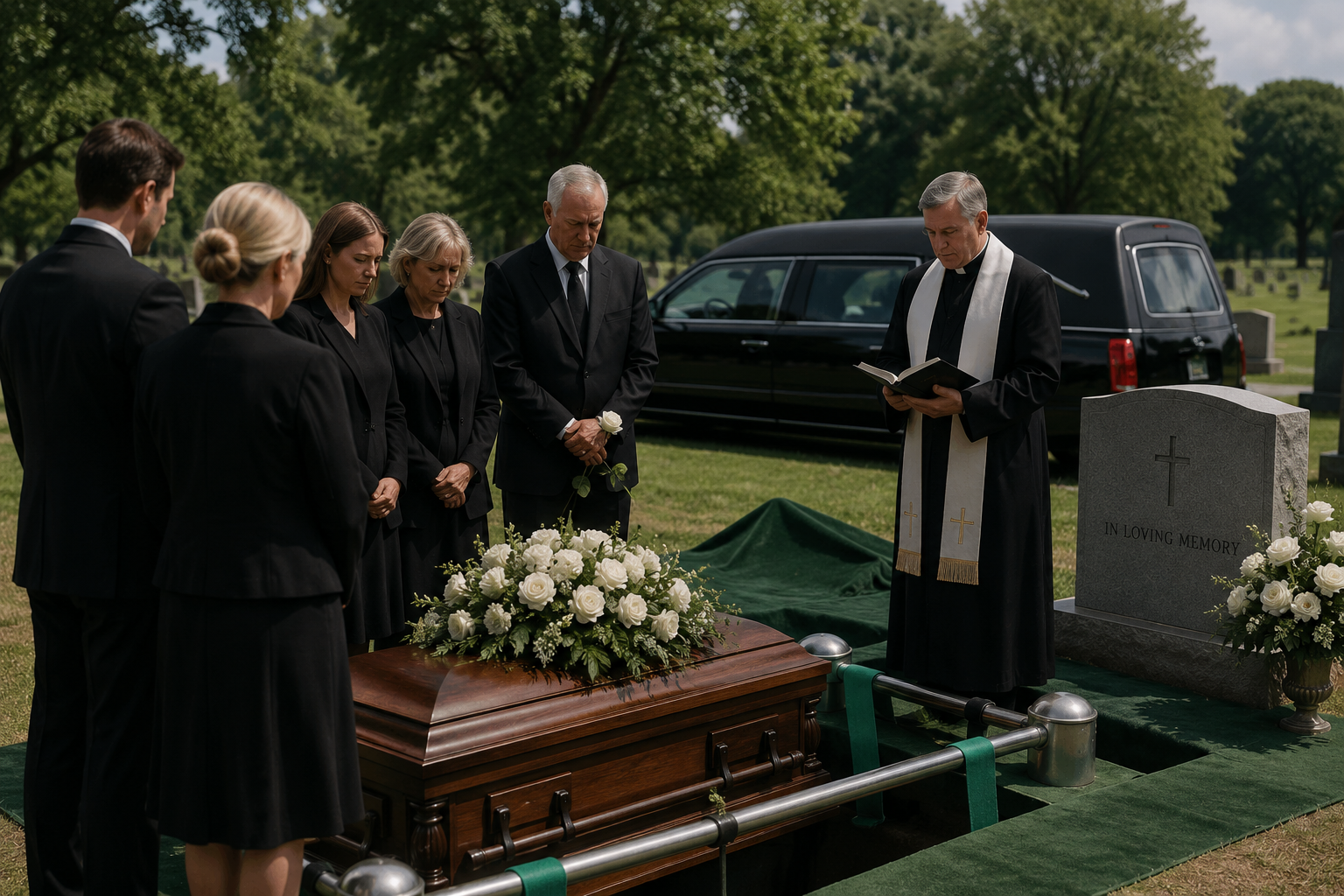 A funeral ceremony at a cemetery with a group of six mourners and a priest. The mourners are standing with bowed heads around a casket covered with a floral arrangement of white roses, facing a grave marker. The priest is reading from a book. The background shows green trees and a hearse parked nearby.