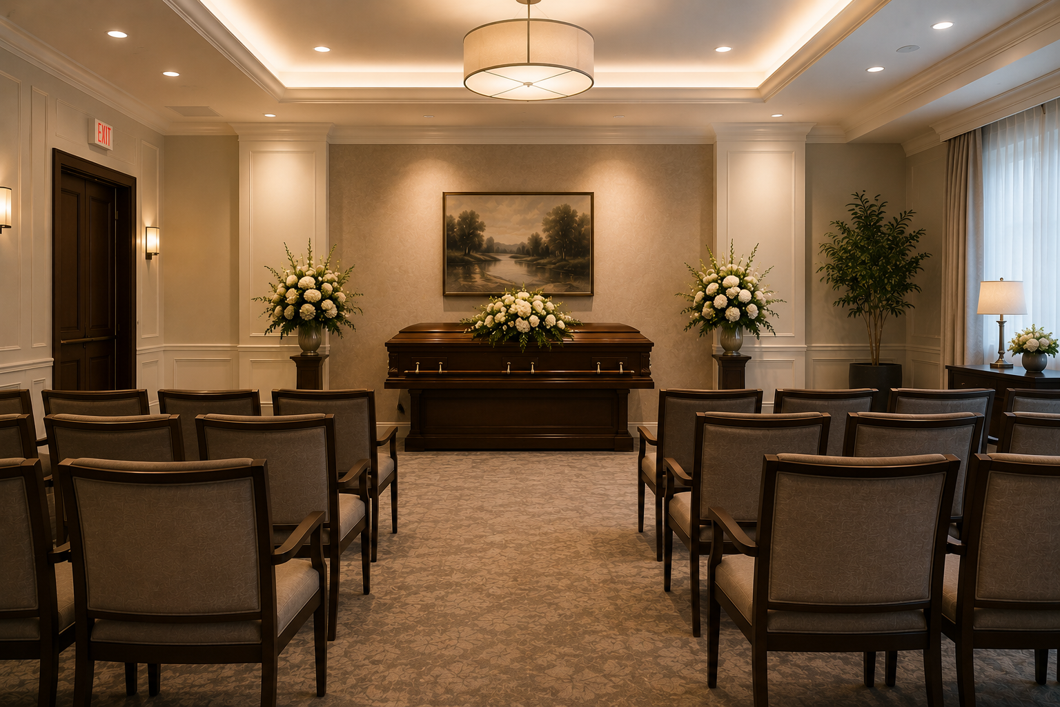 A small funeral or memorial service room with a casket at the front, decorated with white flowers. Rows of chairs face the casket, with some greenery on the right side near a window.