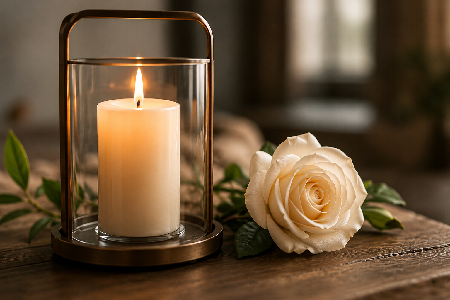 A lit white pillar candle inside a glass and metal lantern on a wooden surface, with a white rose and green leaves nearby.