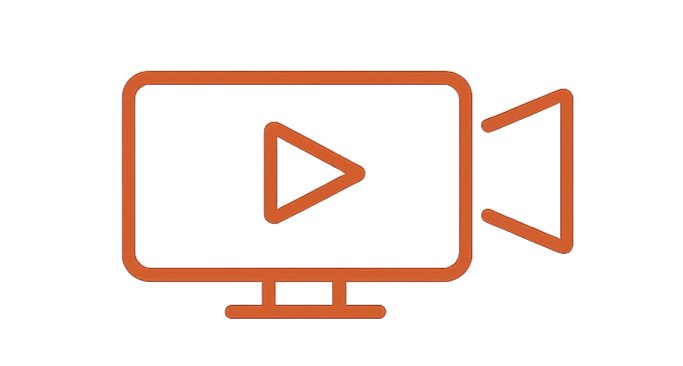 Neon outline of a computer monitor with a play button inside, next to a speaker icon. Background is dark with red, black, and pink highlights.