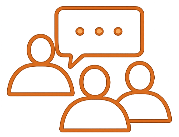 Stylized graphic of three people engaging in a discussion with a speech bubble above them
