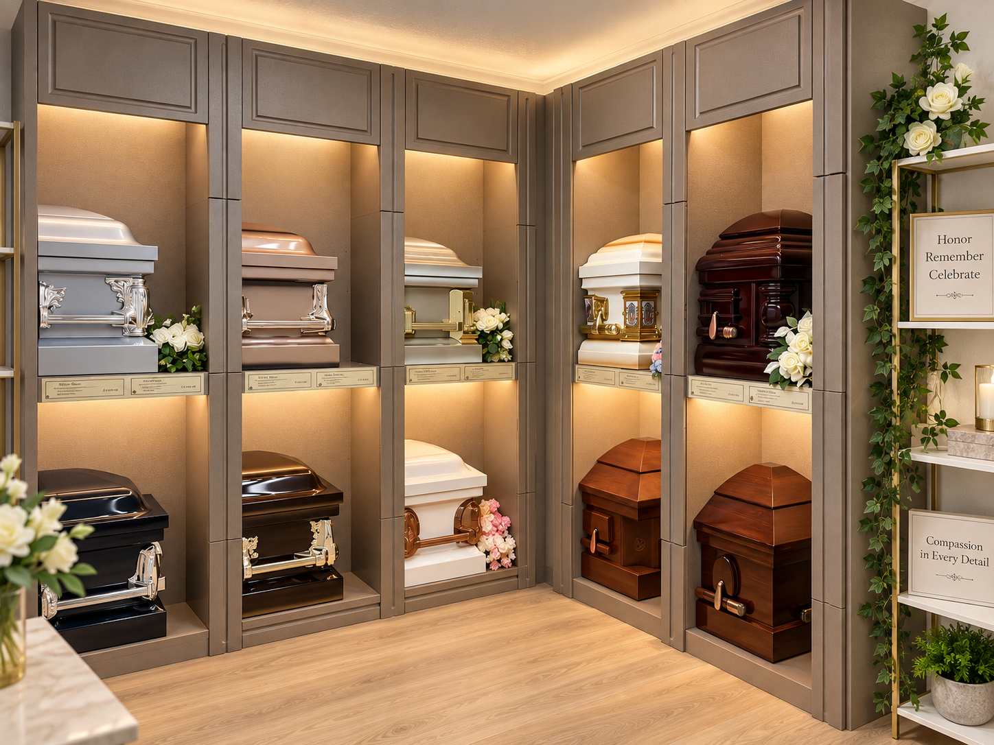 Display of various coffins in a showroom, arranged on shelves with flowers and decorative items around.
