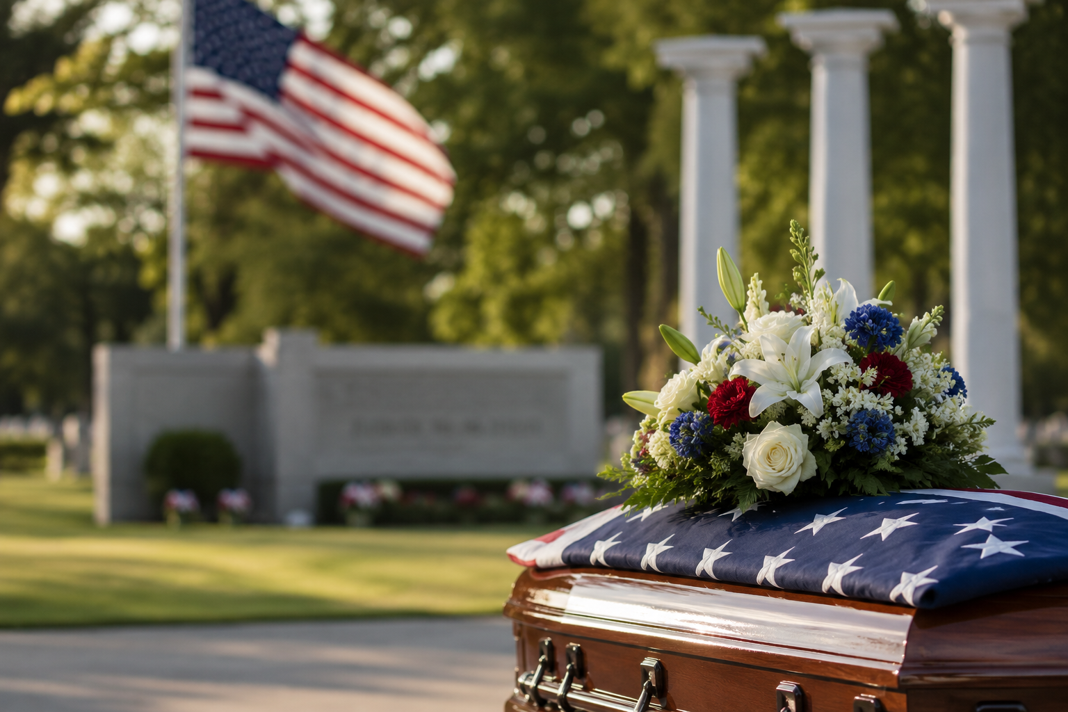 A funeral casket decorated with an American flag and a floral arrangement on top, placed outdoors near a white memorial and American flag in a cemetery.