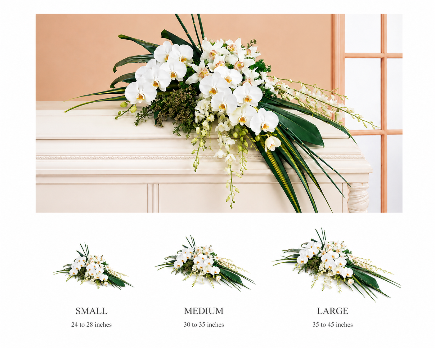 A white funeral casket adorned with a large arrangement of white orchids and greenery, with size options for floral displays ranging from small (24-28 inches), medium (30-35 inches), to large (35-45 inches).