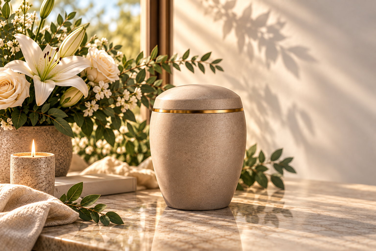 A serene scene with a beige urn, a lit candle in a textured holder, and a large floral arrangement of white lilies, roses, and greenery on a marble table near a window with natural sunlight.