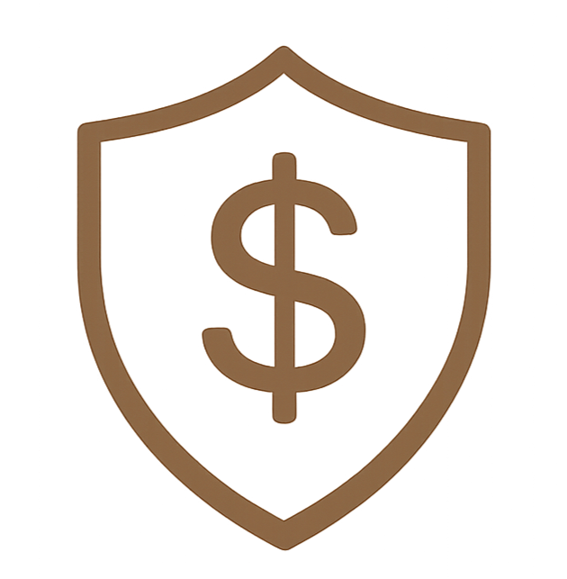 Brown shield icon with a dollar sign in the center.