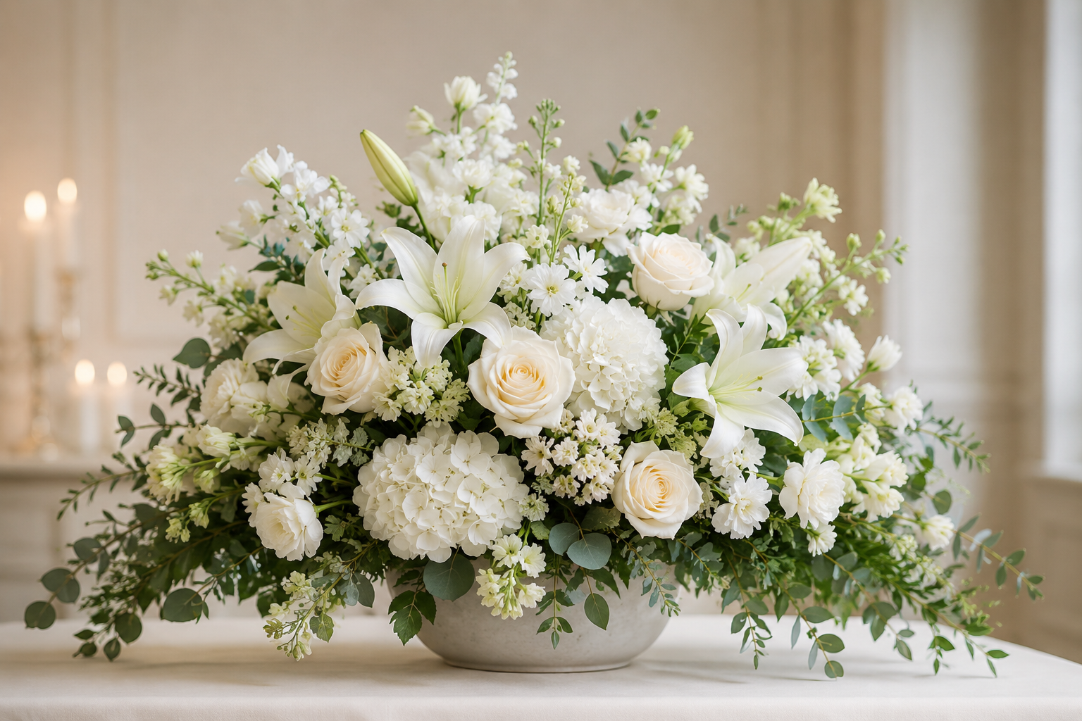 White floral arrangement with roses, lilies, and hydrangeas in a ceramic bowl, set on a white table in a softly lit room.