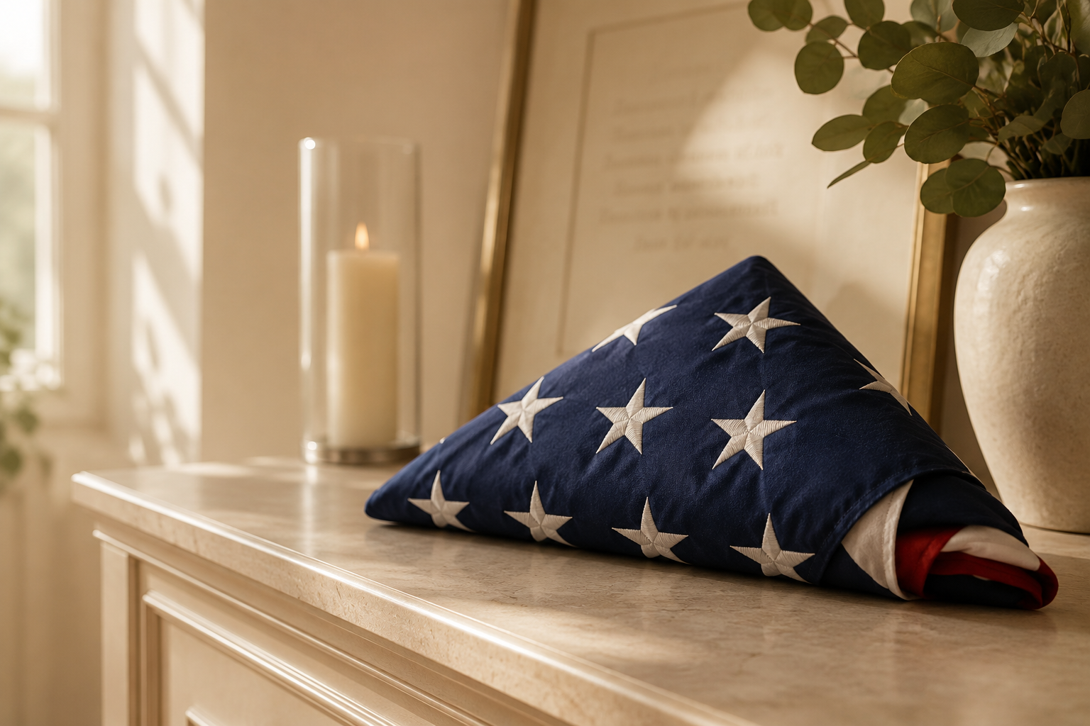Folded American flag on a beige dresser, beside a large potted plant and a lit candle in a glass holder.