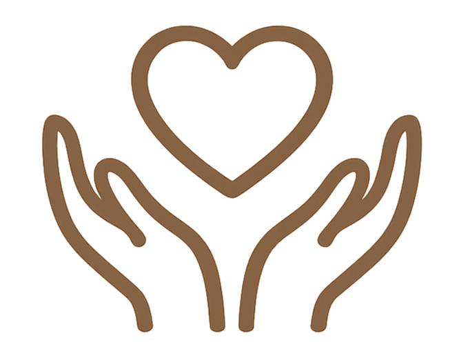 Outline graphic of two hands surrounding a heart.
