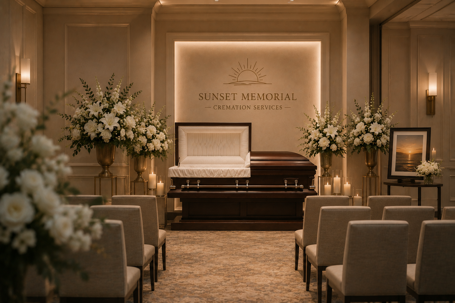 A funeral home interior showing a casket at Sunset Memorial Cremation Services, decorated with large white floral arrangements on either side, surrounded by lit candles, with chairs for attendees facing the casket and floral arrangements, and a framed picture of a sunset scene on the right.