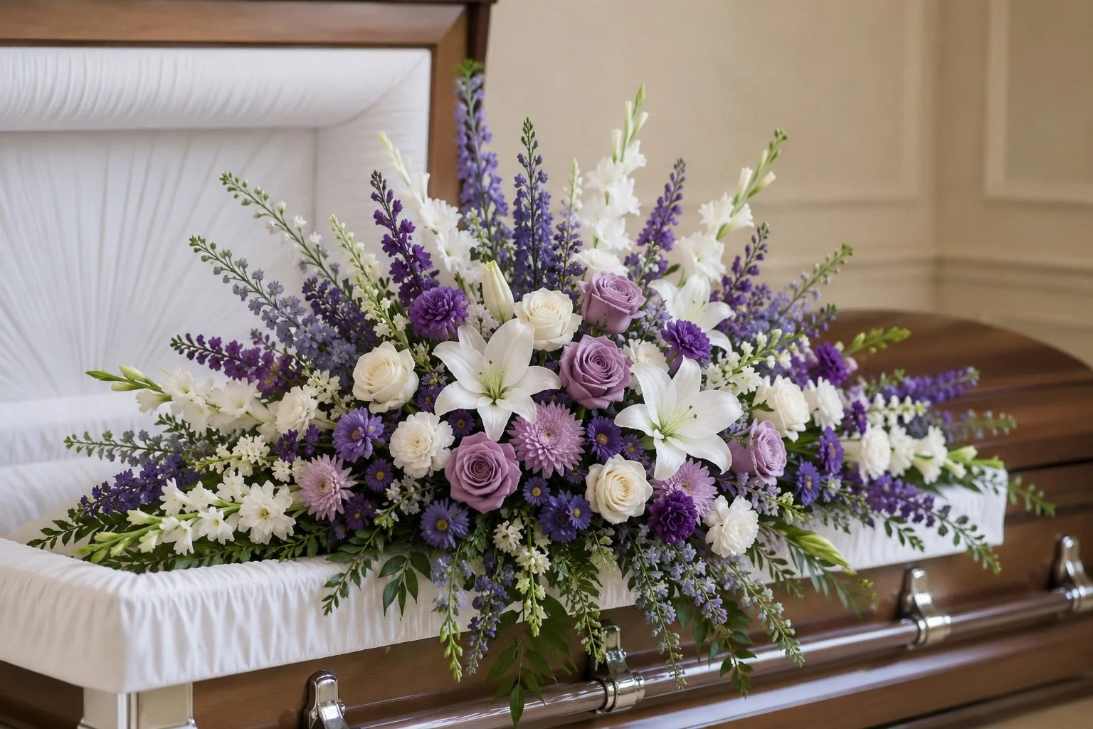 Flower arrangement with white lilies, purple roses, white and purple daisies, and lavender, placed on a casket during a funeral service.