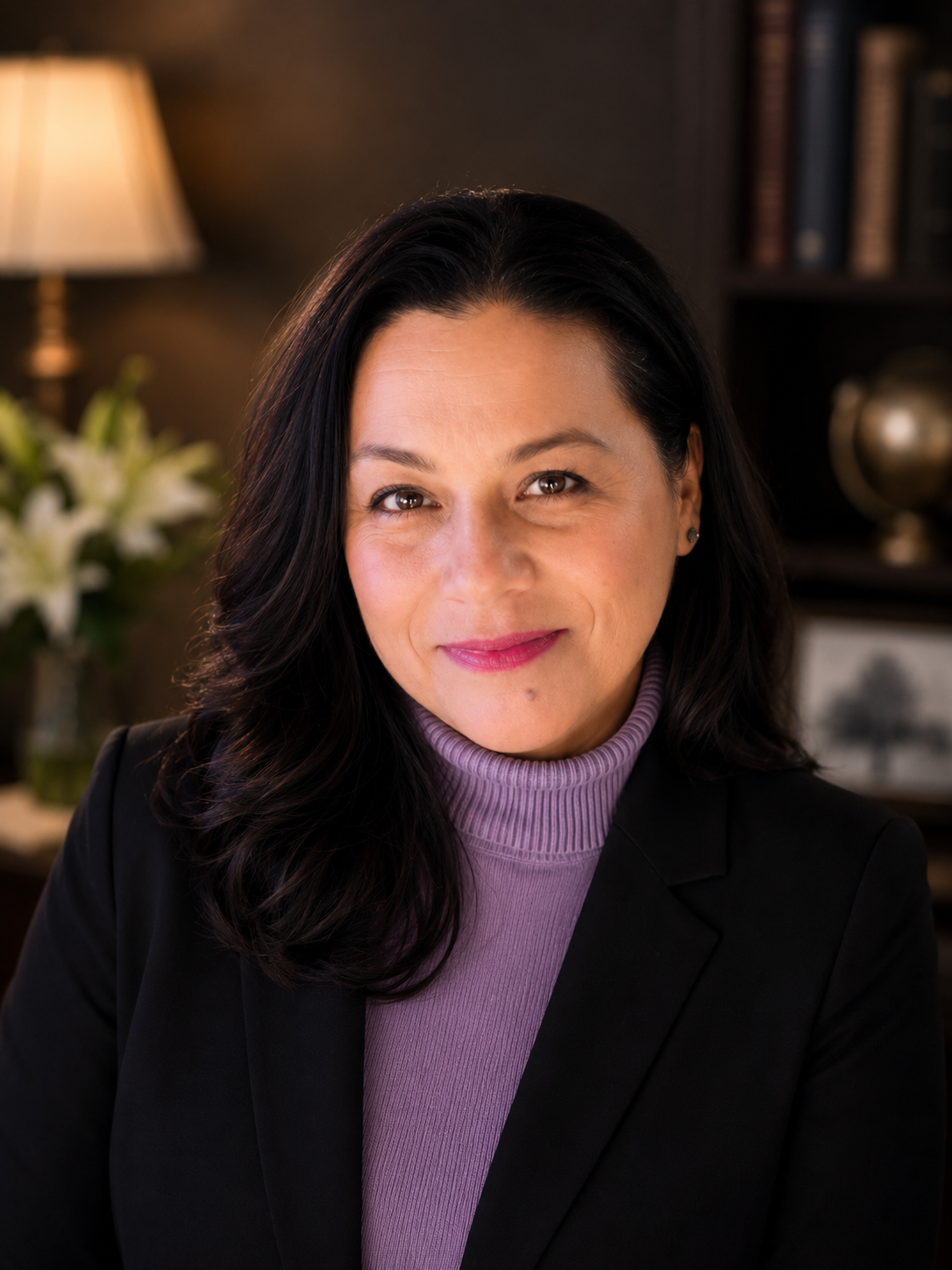 A woman with dark hair and light skin, wearing a purple turtleneck and black blazer, smiling in a warmly lit room with bookshelf, lamp, and flowers in the background.