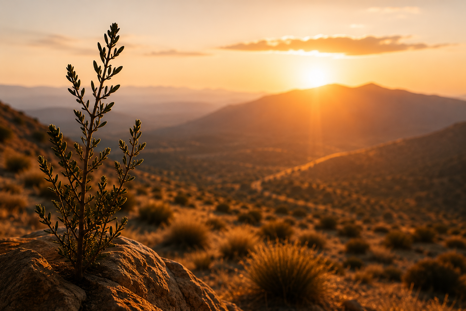 Desert landscape at sunset with a plant in the foreground and mountains in the distance.