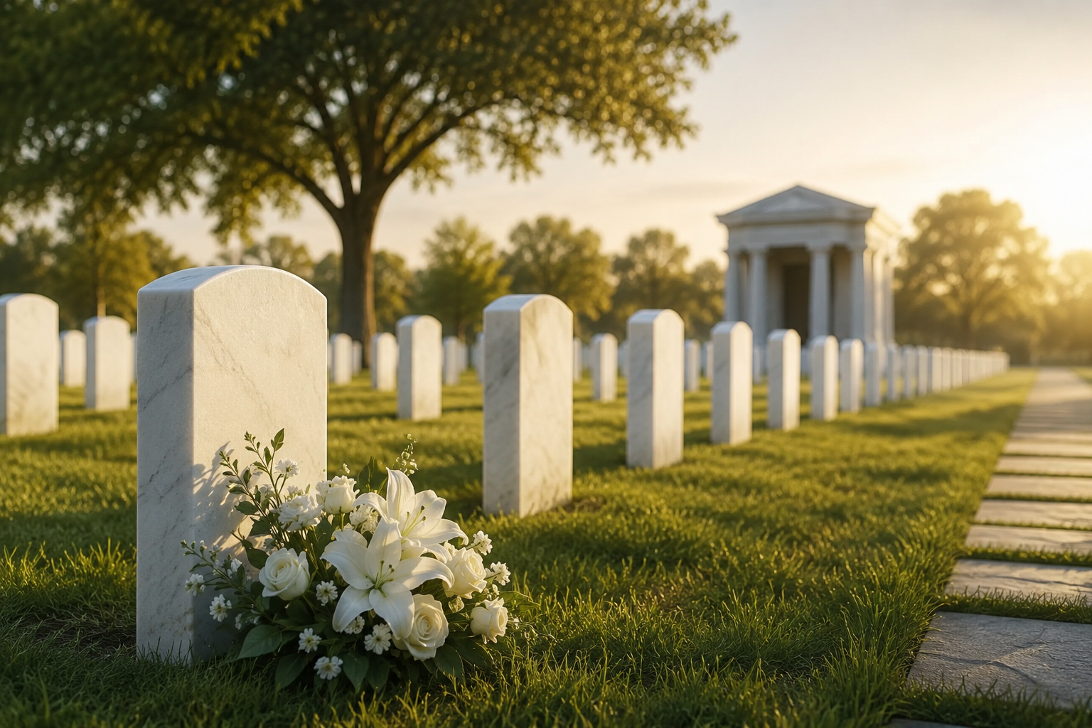 White gravestones in a cemetery with a bouquet of white flowers at the nearest gravestone, green grass, trees, and a monument in the background during sunset.