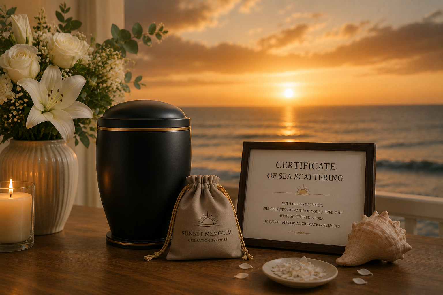 A memorial arrangement with a black urn, a framed certificate of sea scattering, a small cloth bag labeled 'Sunset Memorial Cremation Services,' a seashell, and flower petals on a table with a sunset over the ocean in the background.