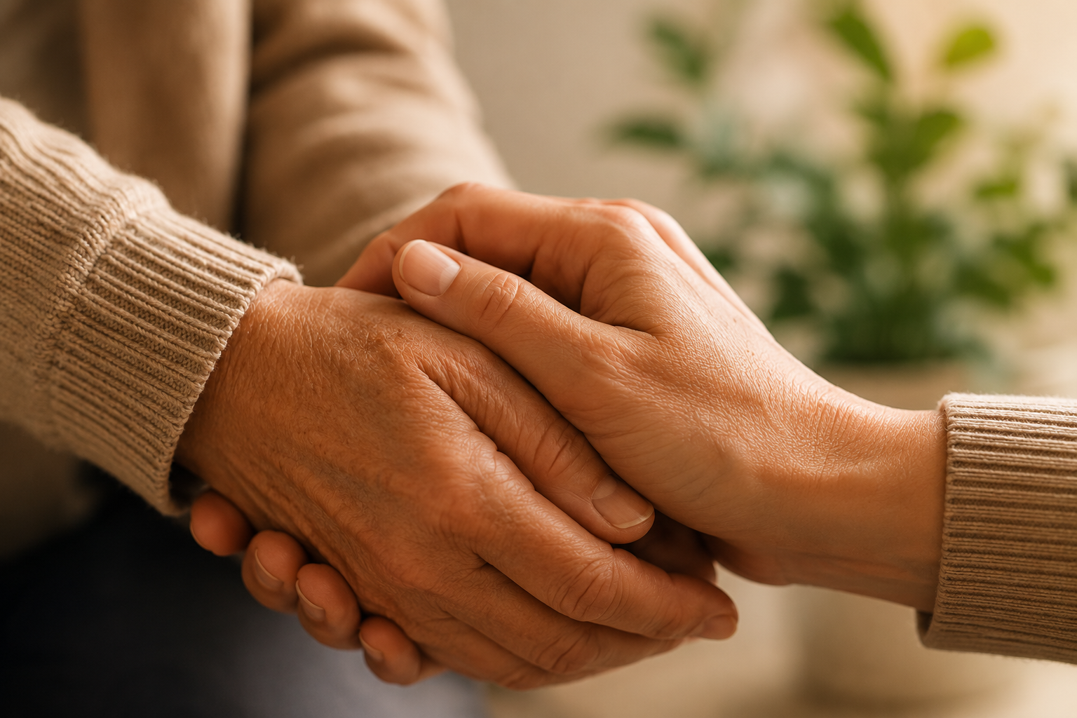 Two people holding hands gently, one with an older appearance and the other with a younger appearance, both wearing beige knitted sweaters.