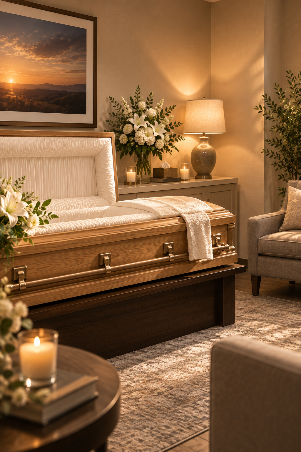A cozy room with a closed casket, decorated with white flowers, lit candles, a table with a lamp, and a landscape sunset picture on the wall.